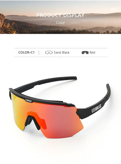 BLIZ Breeze polarized cycling glasses in sand black with red lenses, ideal for MTB and road biking.