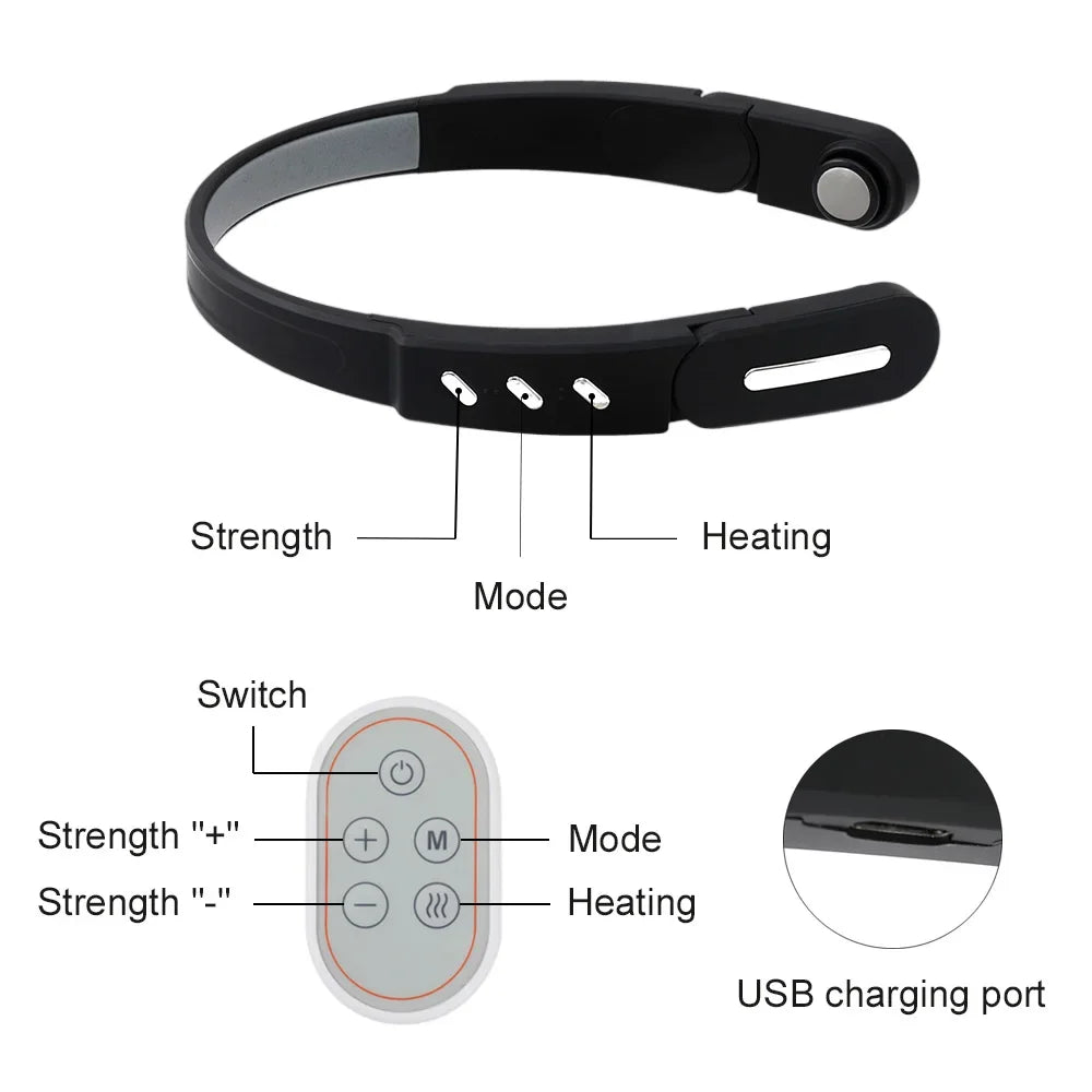 Wireless electric head massager controls with strength, mode, and heating settings for soothing therapy.