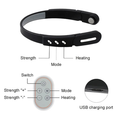 Wireless electric head massager controls with strength, mode, and heating settings for soothing therapy.
