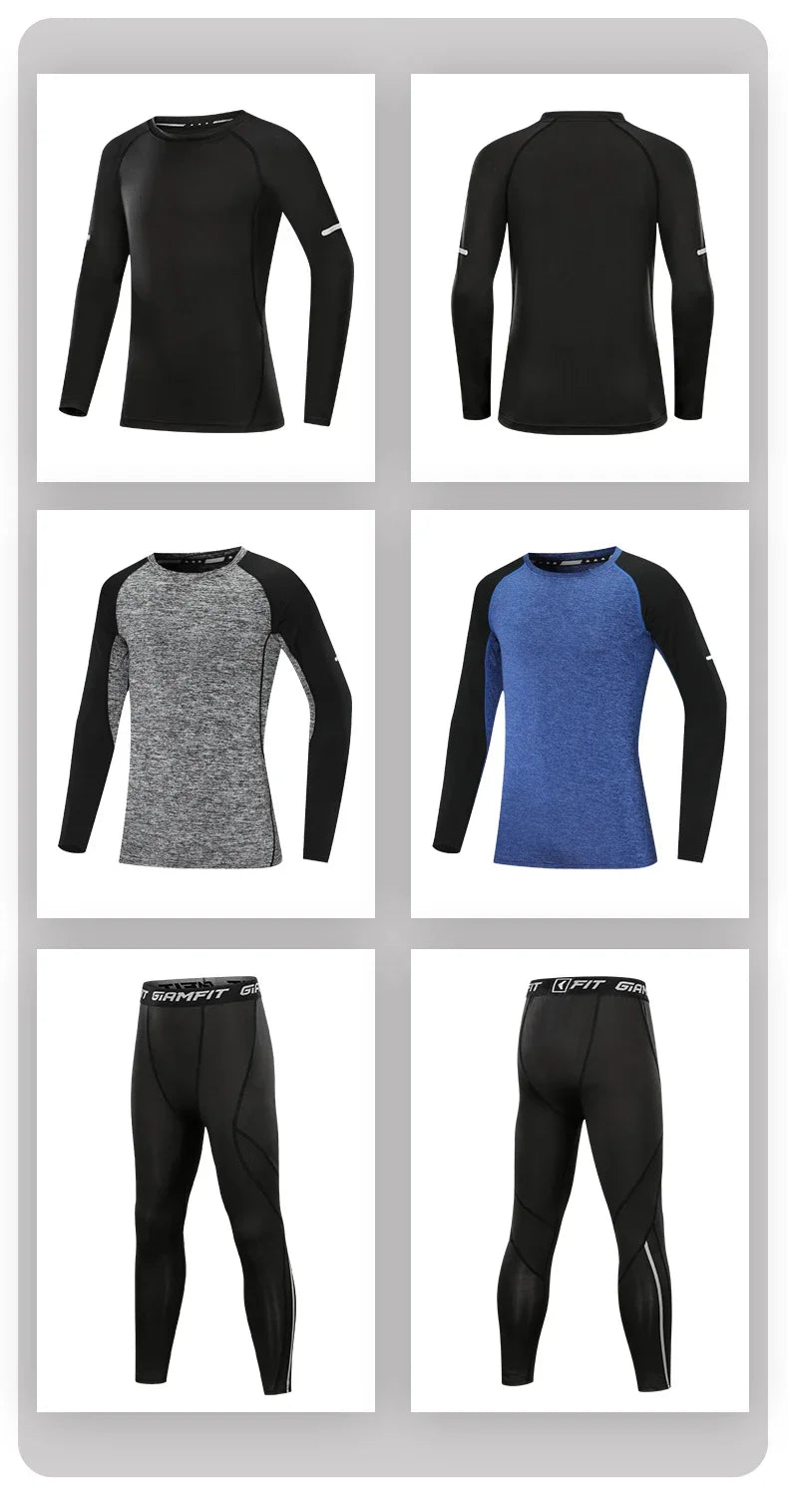 Kids thermal sports set featuring black, gray, and blue compression tops and tights for running and winter activities.