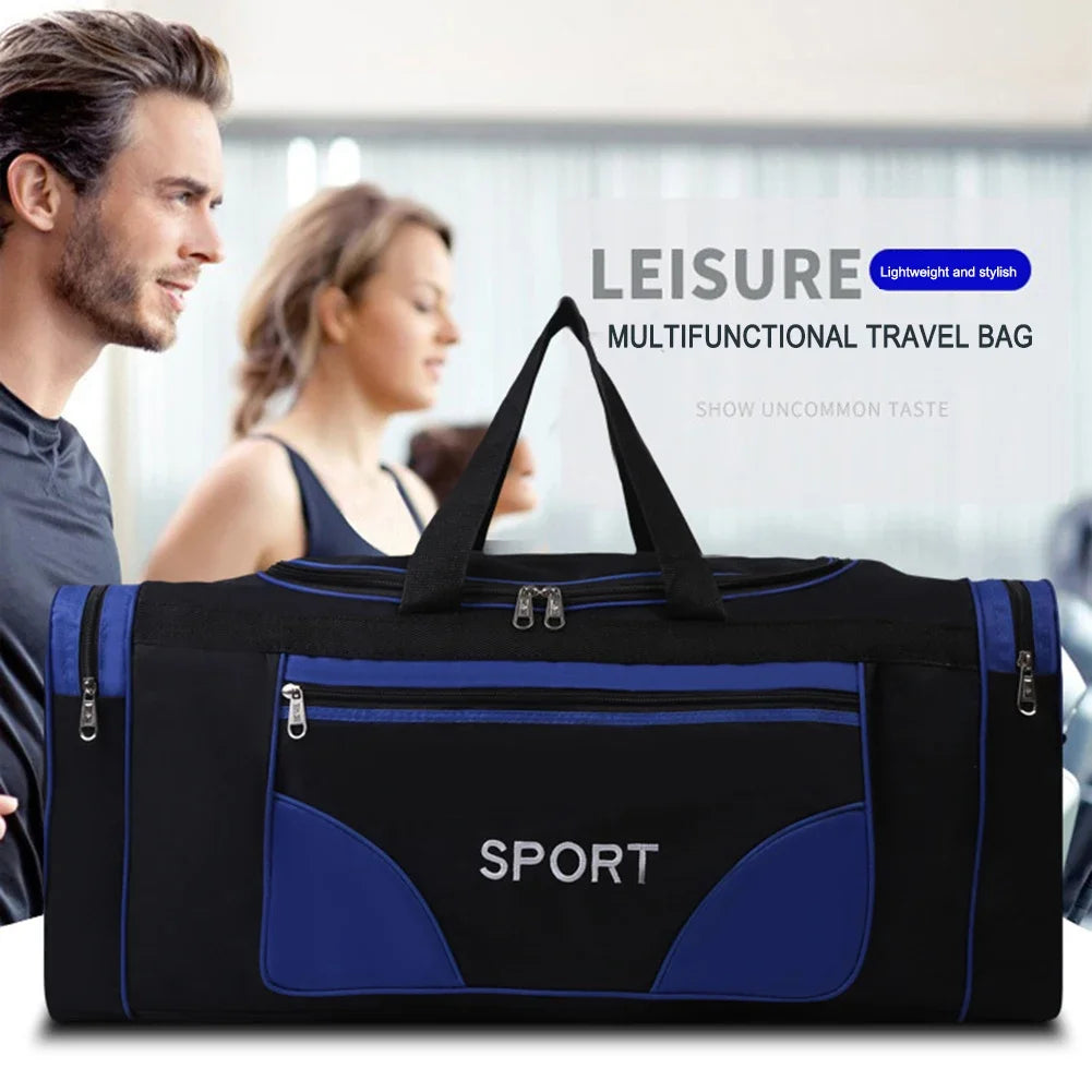 Large capacity multifunctional sports travel bag in black and blue, perfect for gym and outdoor activities.