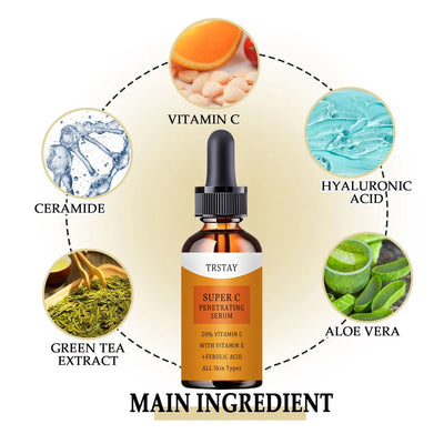 TRSTAY Super C Penetrating Essence with Vitamin C, E, and natural ingredients for all skin types.