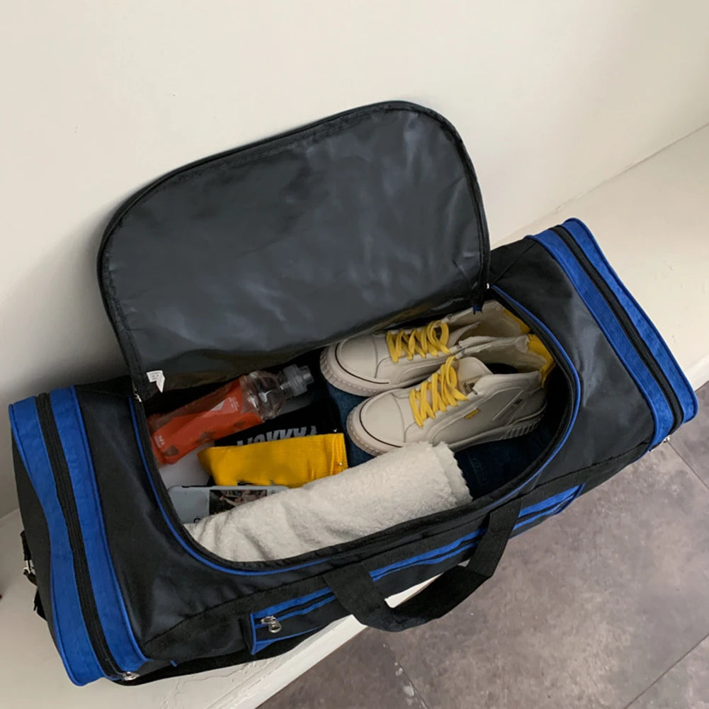 Open Oxford Fitness Bag showing yellow sneakers, water bottle, and towel inside a waterproof sports backpack.