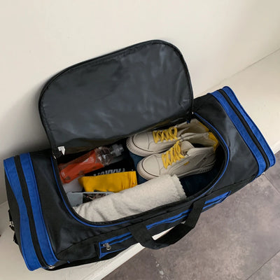 Open Oxford Fitness Bag showing yellow sneakers, water bottle, and towel inside a waterproof sports backpack.