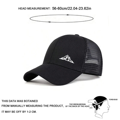 Adjustable unisex mountain embroidery baseball cap with mesh design, suitable for outdoor sun protection, available in black.