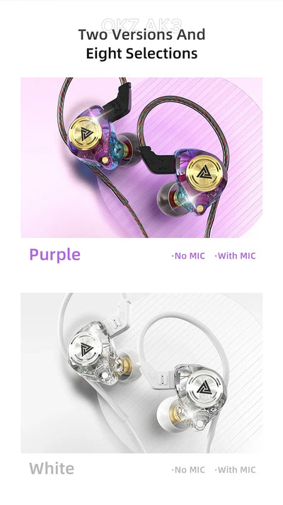 QKZ AK3 FiLe Wired Earphone options in Purple and White with and without microphone for music and gaming.