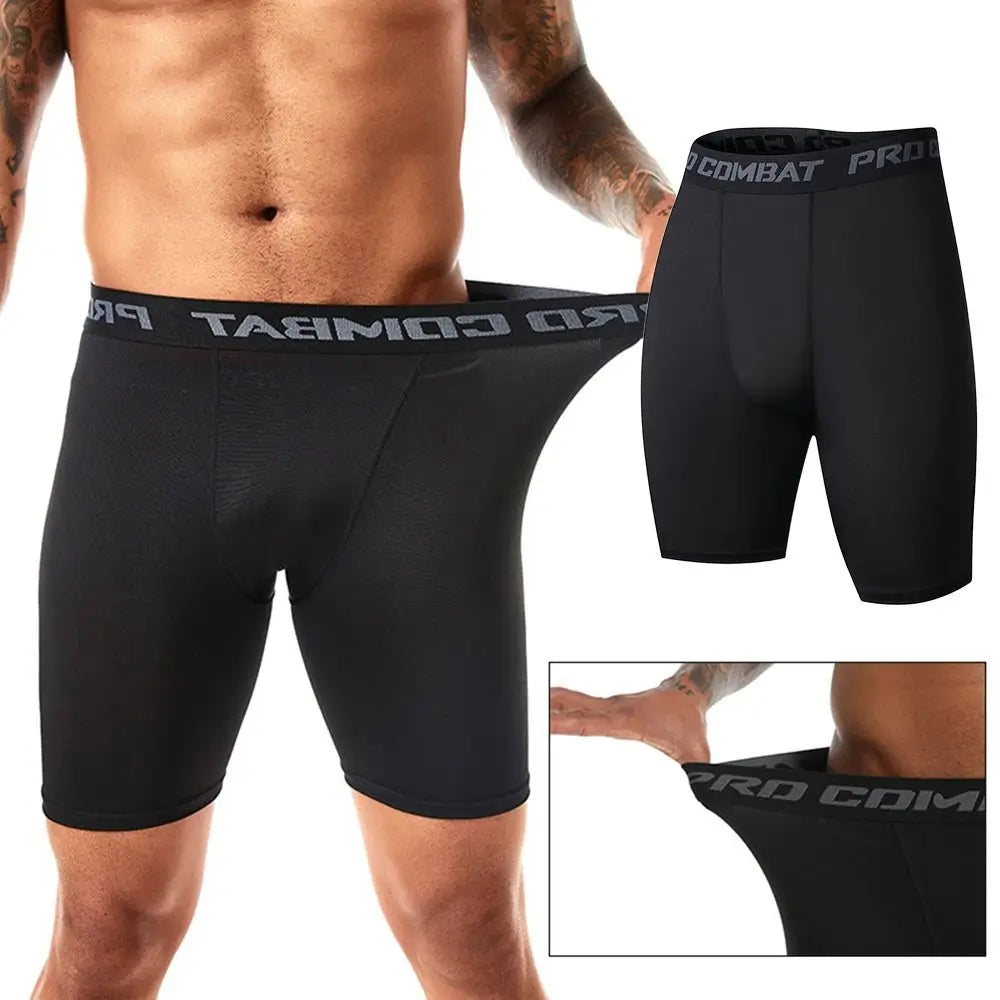 Men's black compression shorts featuring breathable fabric and elastic waistband for athletic performance and comfort during workouts.