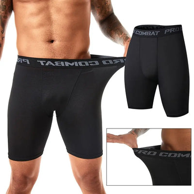 Men's black compression shorts featuring breathable fabric and elastic waistband for athletic performance and comfort during workouts.
