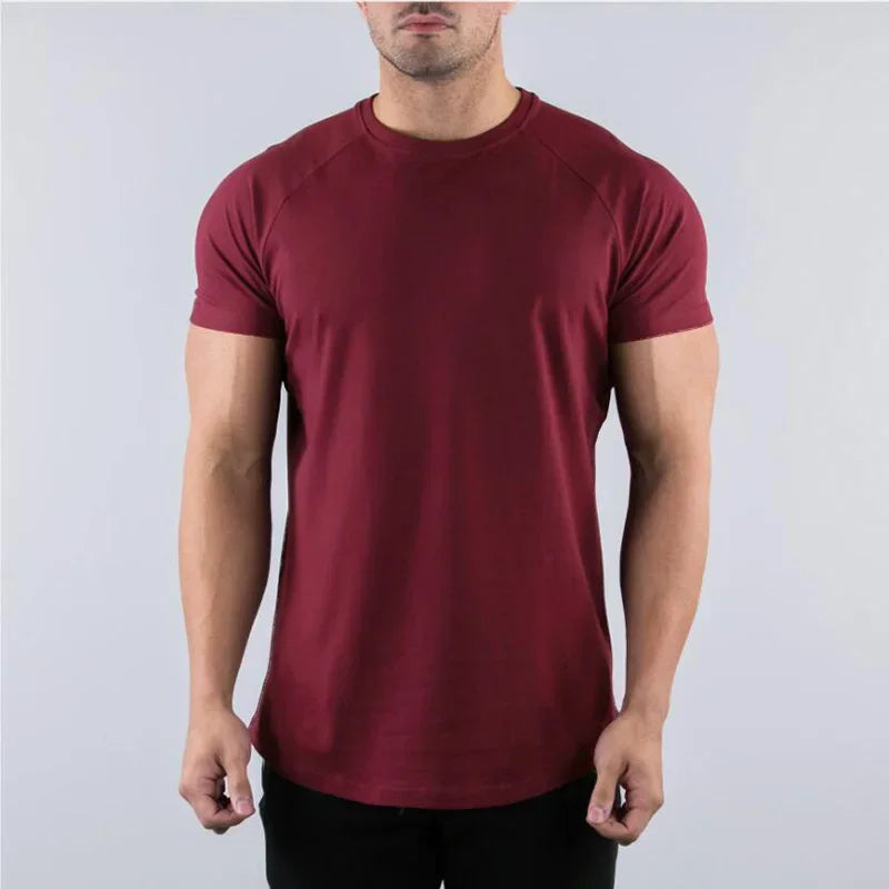 Plain maroon short sleeve cotton shirt for men's gym workouts and bodybuilding.