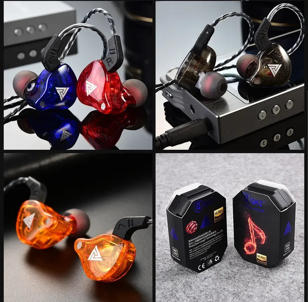 Colorful wired earphones with braided cables, featuring red, blue, and orange models displayed on a sleek background.