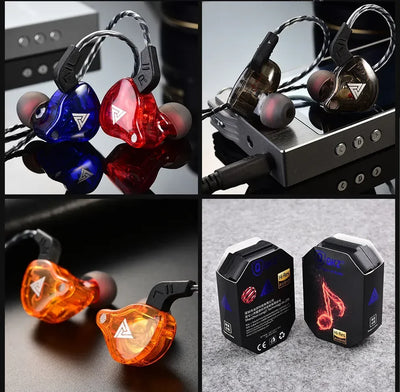 Colorful wired earphones with braided cables, featuring red, blue, and orange models displayed on a sleek background.