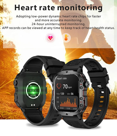 Two rugged military smart watches displaying heart rate monitoring features against an outdoor backdrop.