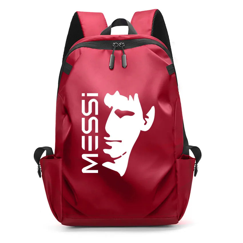 Red unisex backpack featuring a Messi design, ideal for students and sports fans, with USB port and durable nylon material.