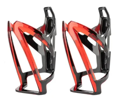 Colorful bicycle bottle cage in red and black, lightweight water bottle holder for cycling gear.