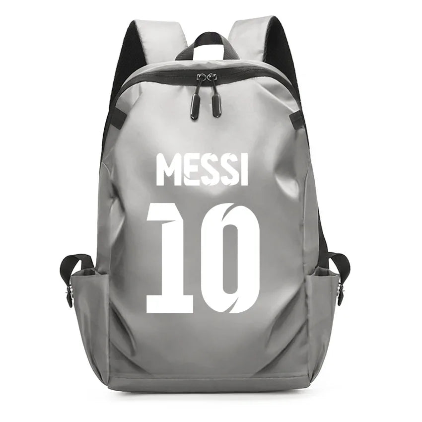 Messi 10 unisex backpack in gray color for students, featuring a modern design with a USB port and spacious interior.
