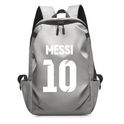 Messi 10 unisex backpack in gray color for students, featuring a modern design with a USB port and spacious interior.