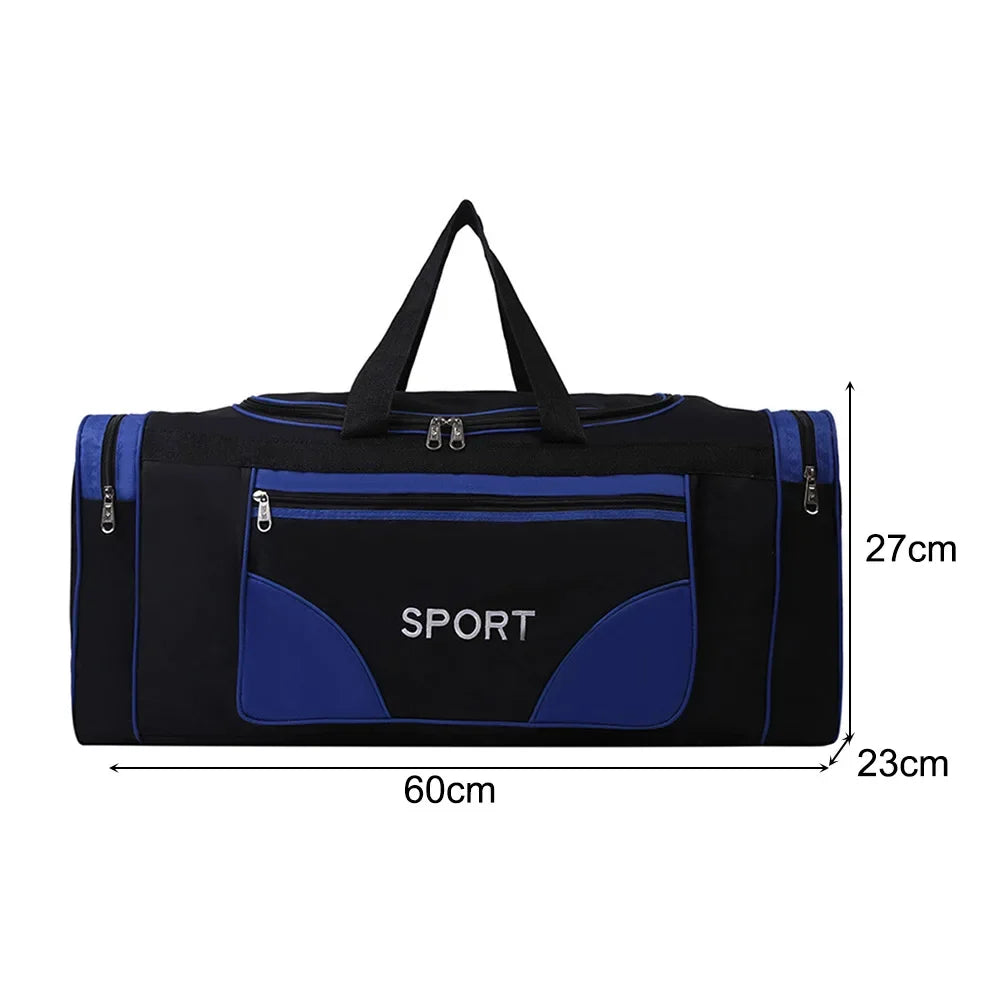 Oxford fitness bag large capacity sports backpack in black and blue, dimensions 60cm x 27cm x 23cm, waterproof and adjustable strap.
