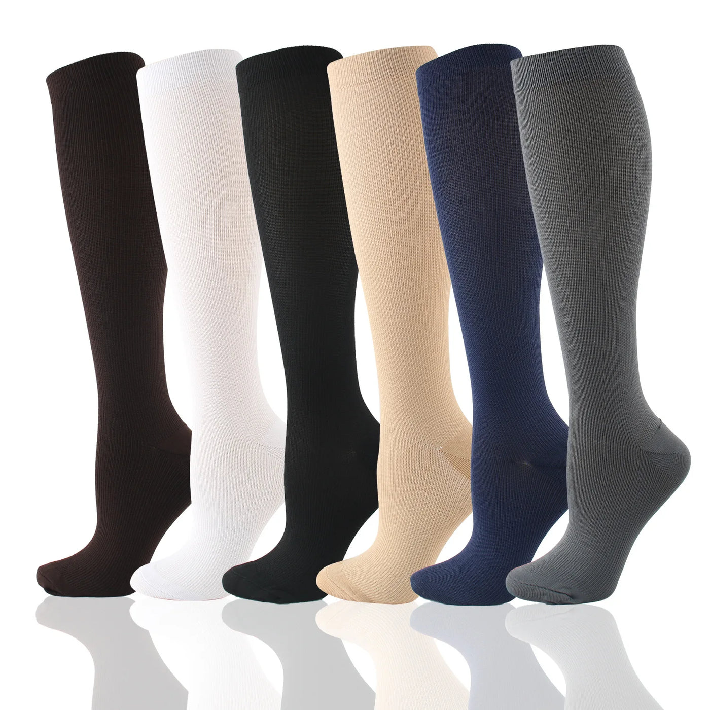 6 pairs of solid color knee-high compression socks in black, white, beige, navy, grey for women, perfect for nurses and cycling.