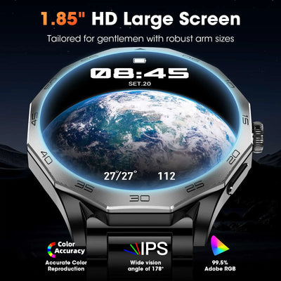 1.85-inch HD smartwatch display showcasing planet Earth, designed for durability and functionality.