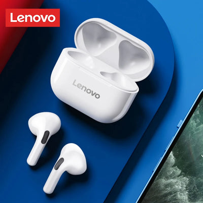 Lenovo Wireless Bluetooth Earphones in charging case on blue background, showcasing touch control and stylish design.
