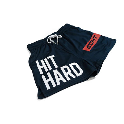 Men's breathable gym shorts featuring 'HIT HARD' print, lightweight mesh ideal for running and sports.