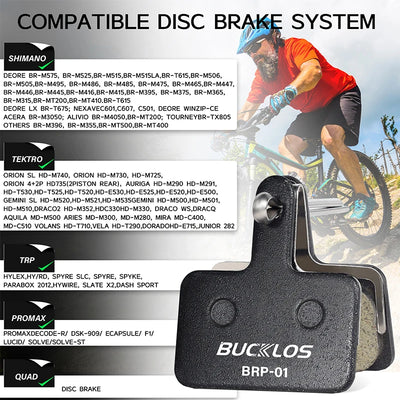 BUCKLOS BRP-01 resin disc brake pads compatible with Shimano, Tektro, TRP, and Promax systems for high-performance cycling.
