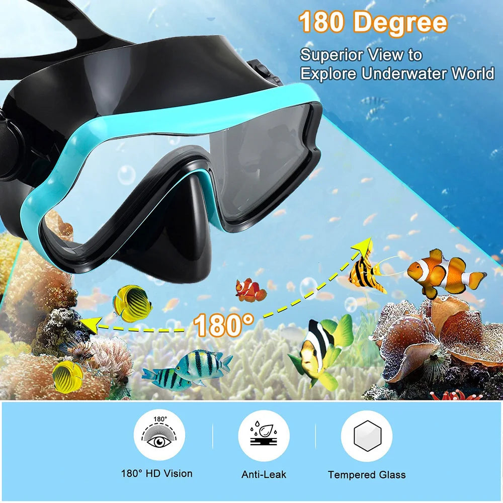 Scuba diving mask with 180-degree view, designed for adults, featuring tempered glass for clear underwater exploration.