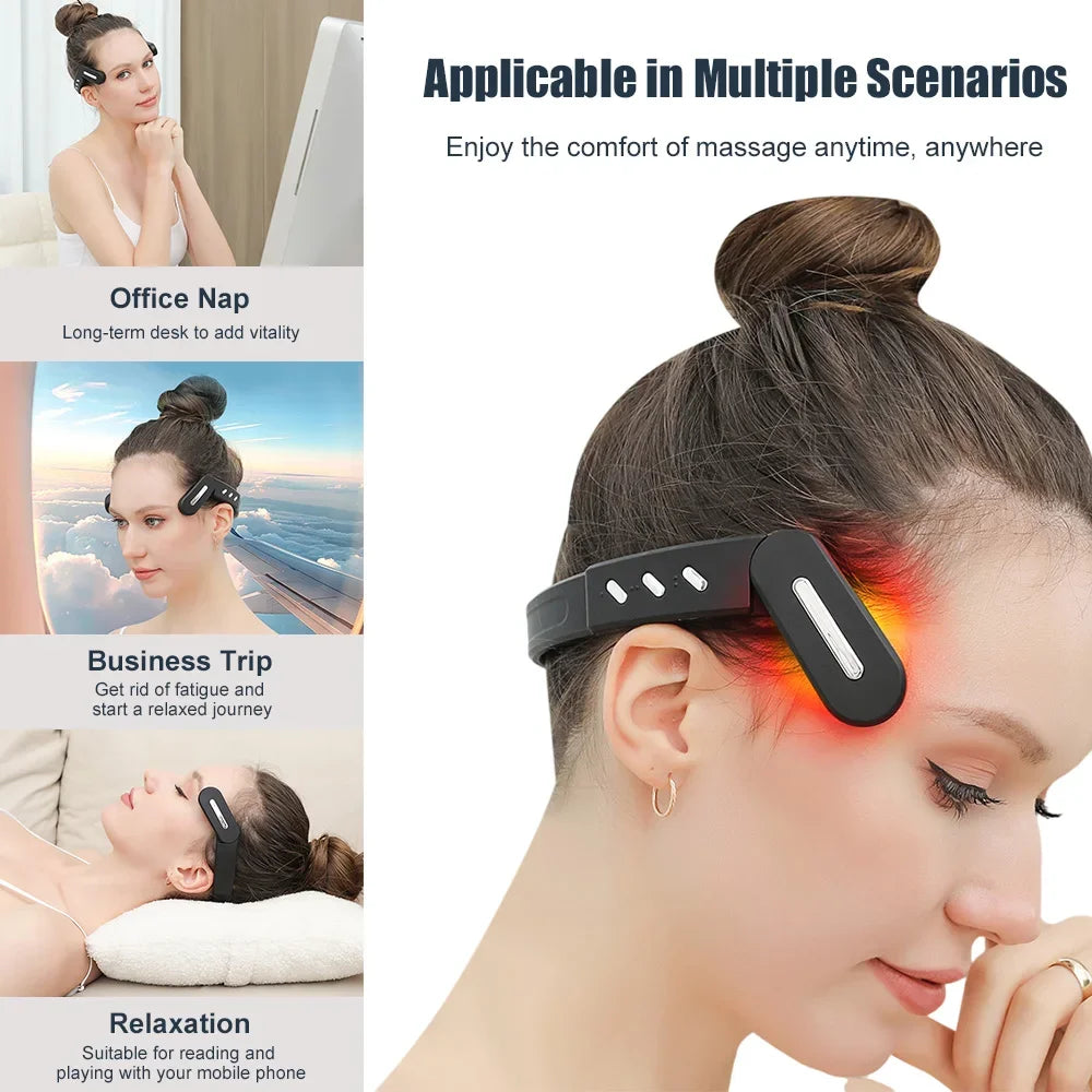 Wireless head massager for office naps, travel, and relaxation, providing soothing comfort anytime.