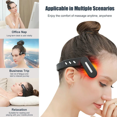 Wireless head massager for office naps, travel, and relaxation, providing soothing comfort anytime.