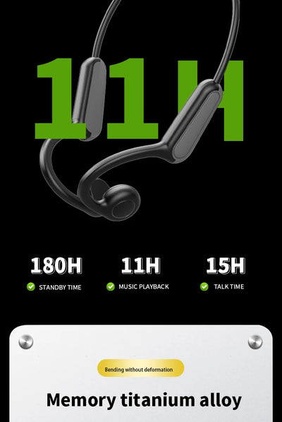 Bone conduction earphones featuring 11 hours of music playback and memory titanium alloy design.