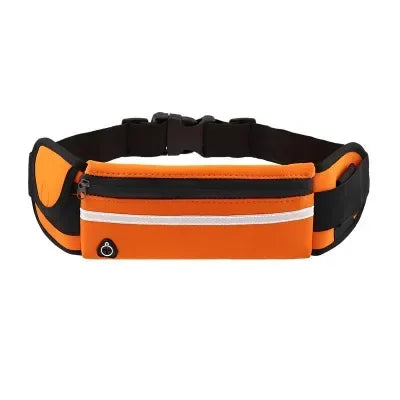Waterproof unisex running waist pack in orange with reflective strip and zippered pocket for sports and phone.