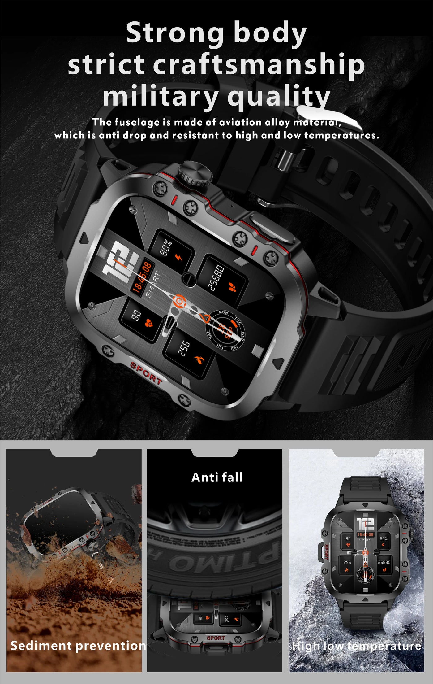 Rugged military smart watch showcasing strong body, anti-fall features, and resistance to high and low temperatures.