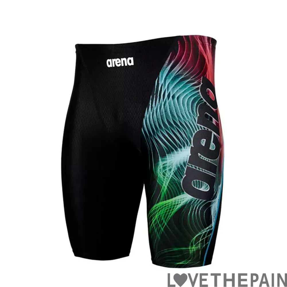 Men's arena swim jammer with colorful wave design, quick-dry fabric suitable for professional swimming and beach activities.