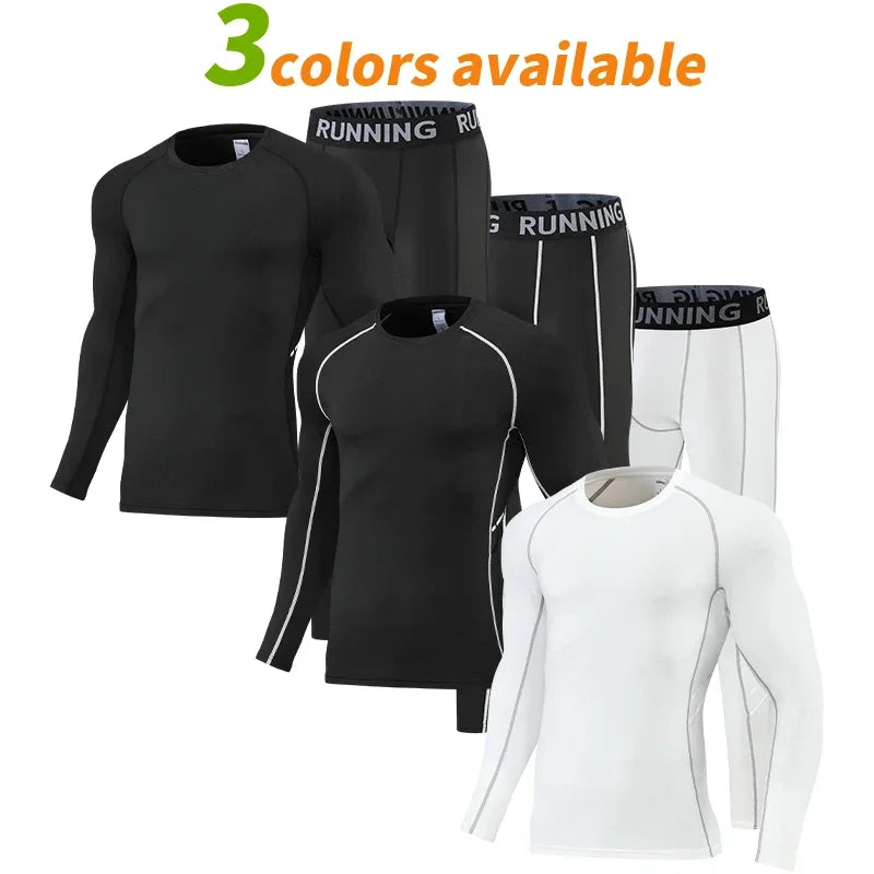 Men’s compression sportswear set in three colors: black and white gym training suit with comfortable pullover design.