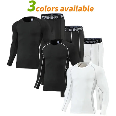 Men’s compression sportswear set in three colors: black and white gym training suit with comfortable pullover design.
