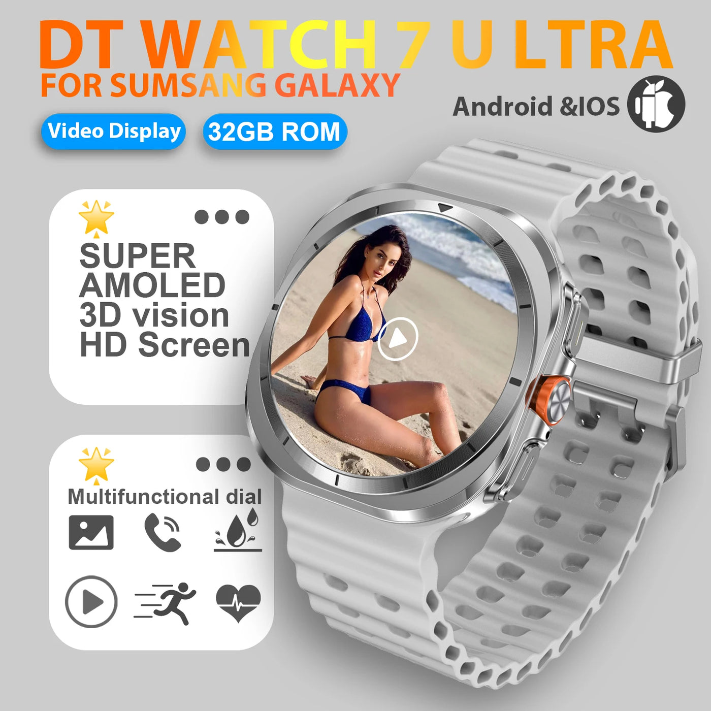 DT Watch 7 Ultra smartwatch featuring Super AMOLED 3D HD display, multifunctional dial, for Samsung Galaxy.