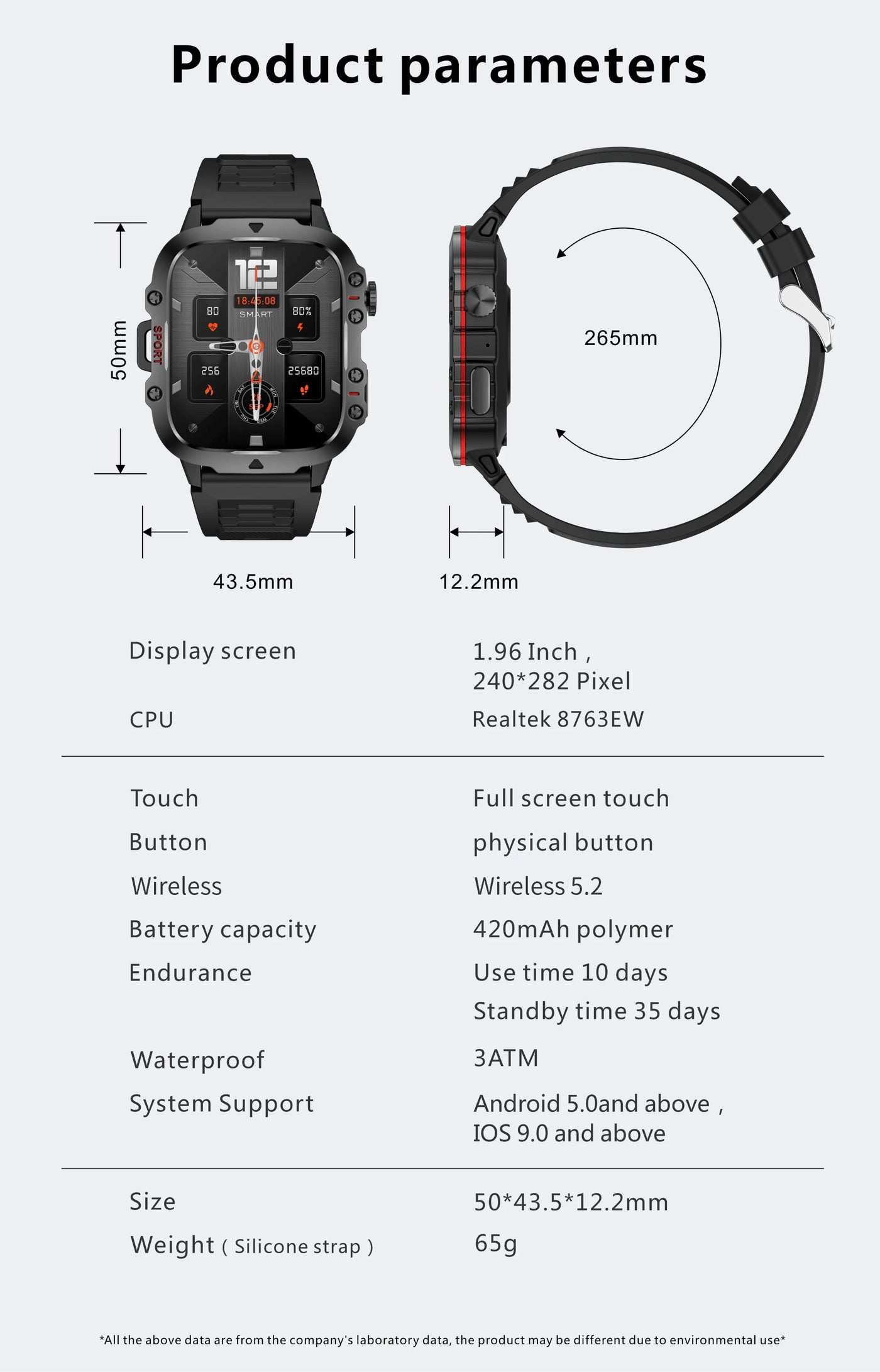 Rugged military smart watch parameters with display screen, touch buttons, waterproof features, and battery specifications.