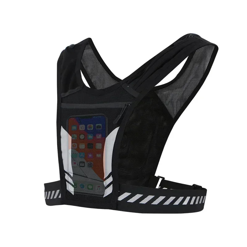Lightweight reflective running vest backpack with phone pocket, designed for outdoor sports and unisex use.