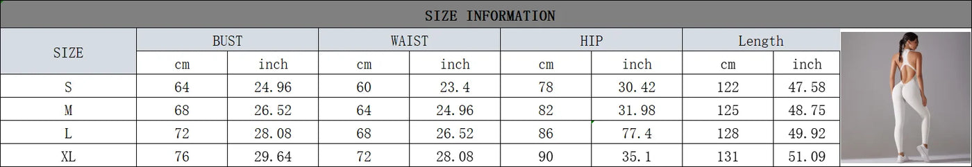 Size chart for women's bodysuits showing bust, waist, hip measurements and lengths in cm and inches.