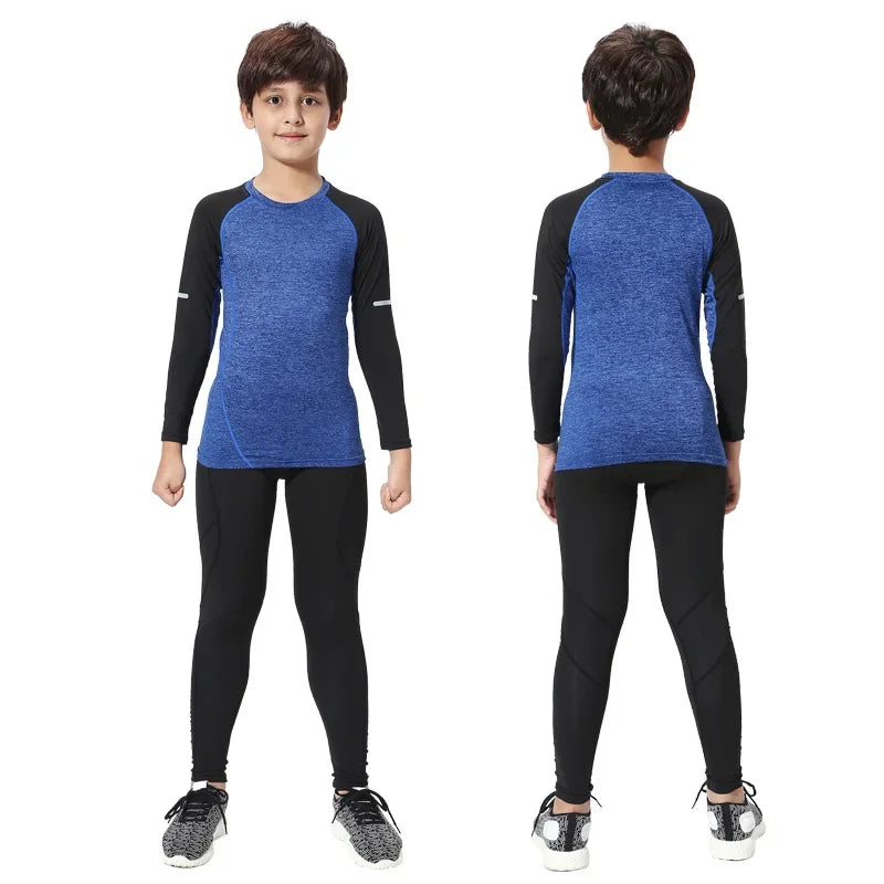 Kids thermal sports set featuring blue long-sleeve top and black compression tights for winter running.