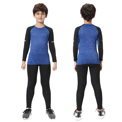 Kids thermal sports set featuring blue long-sleeve top and black compression tights for winter running.