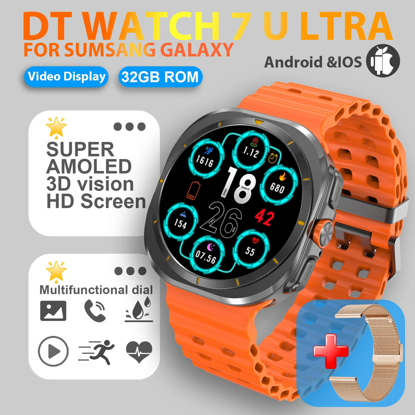 DT Watch 7 Ultra smartwatch for Sumsang Galaxy with 3D AMOLED display and detachable band in orange.