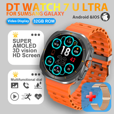 DT Watch 7 Ultra smartwatch for Sumsang Galaxy with 3D AMOLED display and detachable band in orange.