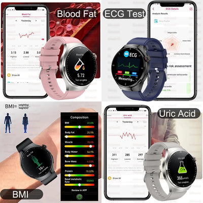 Health smartwatch features including blood fat, ECG test, and BMI tracking displayed on smartphone and watch.