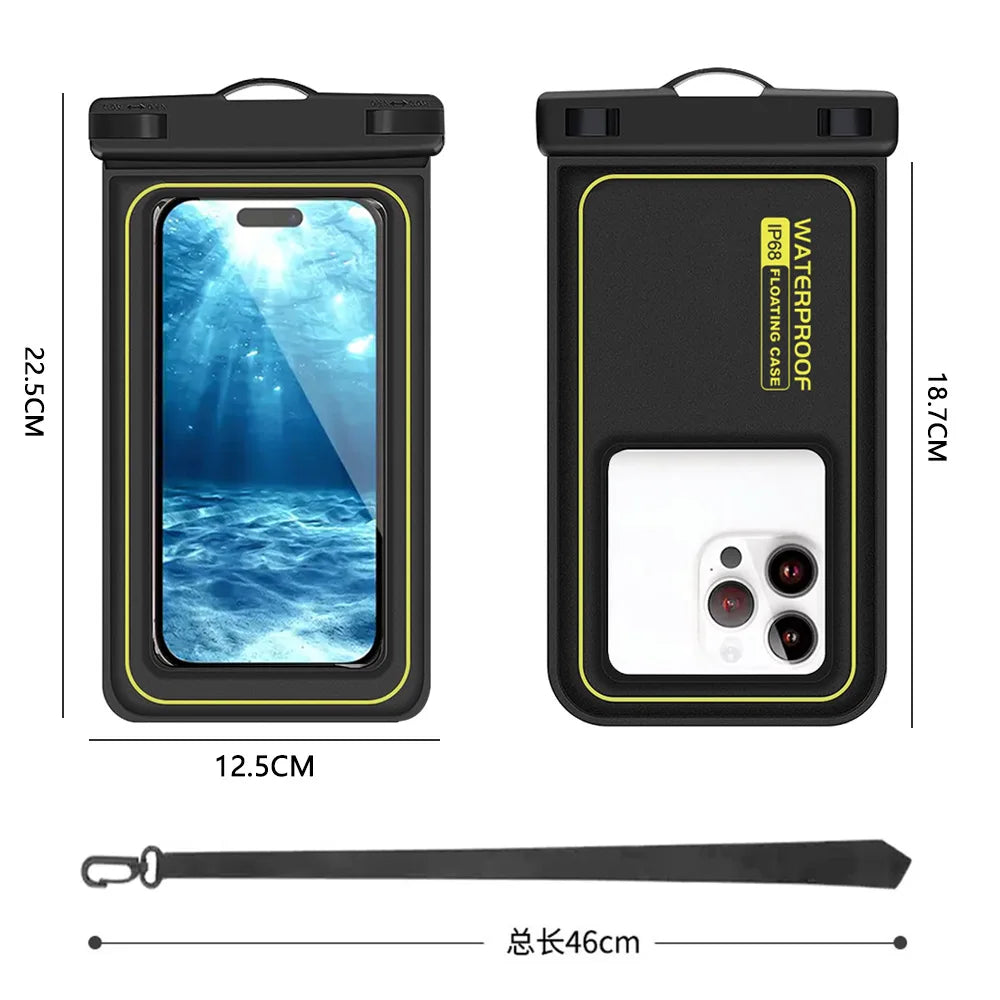 Waterproof phone bag for swimming and surfing, compatible with iPhone, Samsung, and other devices. Dimensions: 22.5x12.5cm.