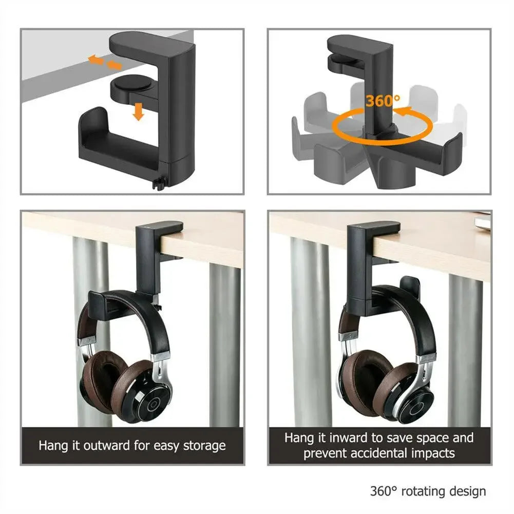 360° rotating PC gaming headphone stand with adjustable clamp for easy storage and space-saving design.