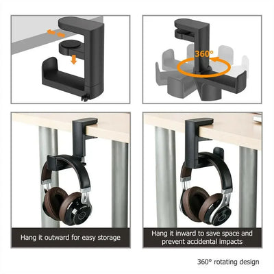 360° rotating PC gaming headphone stand with adjustable clamp for easy storage and space-saving design.
