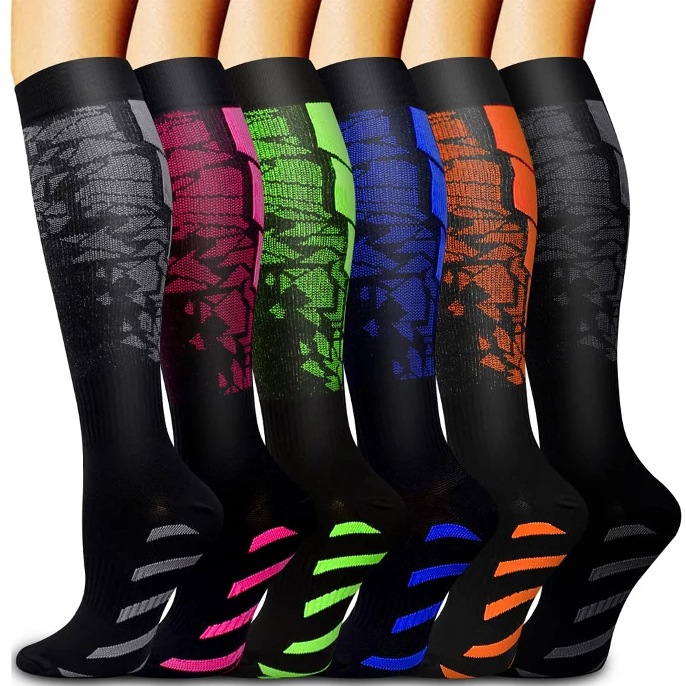 Colorful compression socks for men and women offering calf support for sports like running and cycling.