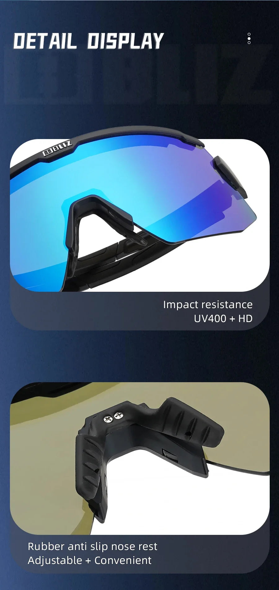 Detail display of BLIZ Breeze polarized cycling glasses showcasing UV400 lenses and rubber anti-slip nose rest.