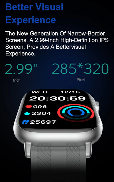 2025 smart watch showcasing 2.99-inch high-definition IPS screen with features for clear visual experiences.